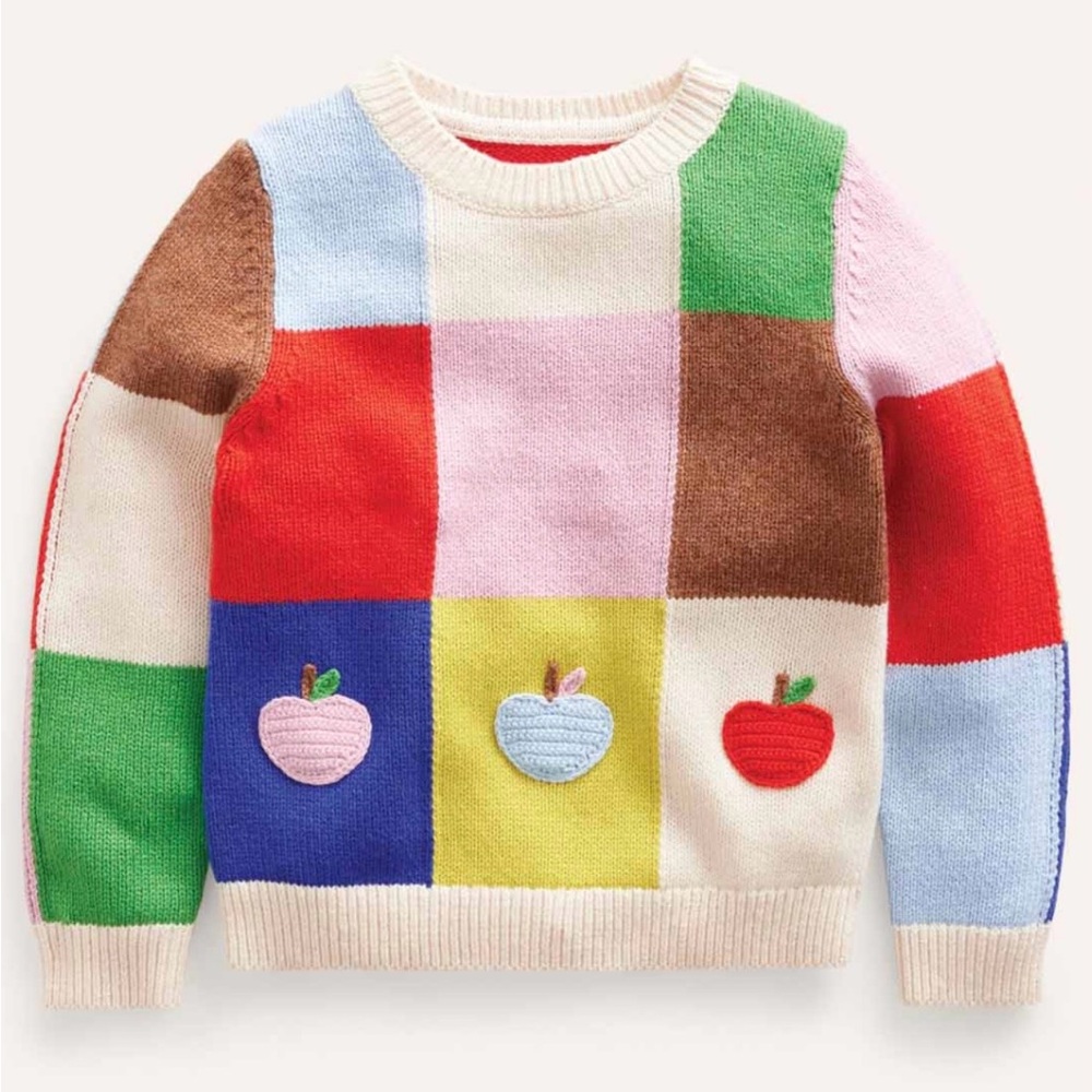 Boden Multicolor Patchwork Knit Sweater — Red, Pink, Green, Cream